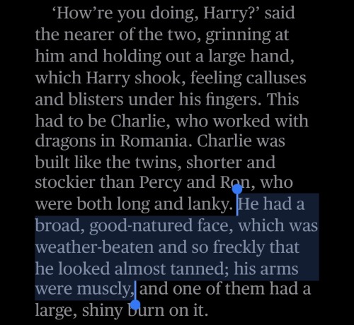 Text ID: “How’re you doing, Harry?’ said the nearer of the two, grinning at him and holding out a large hand, which Harry shook, feeling calluses and blisters under his fingers. This had to be Charlie, who worked with dragons in Romania. Charlie was built like the twins, shorter and stockier than Percy and Ron, who were both long and lanky. He had a broad, good-natured face, which was weather-beaten and so freckly that he looked almost tanned; his arms were muscly, and one of them had a large, shiny burn on it.”
