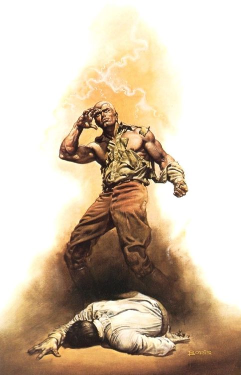 70sscifiart:Boris Vallejo’s 1976 cover to The Boss of Terror: Doc Savage