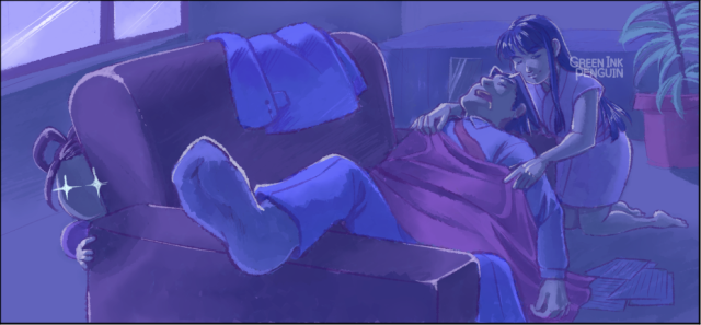 It is night time. Maya is placing a blanket over an exhausted Phoenix on the couch, who seemed to have fallen asleep after reading some case notes. Pearl is sneakily taking a peek.