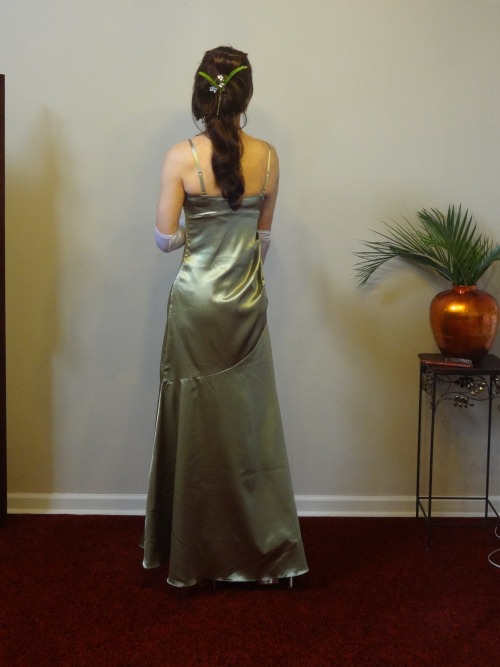 onlymonica: Back view of formal gown with floral hair arrangement. So pretty