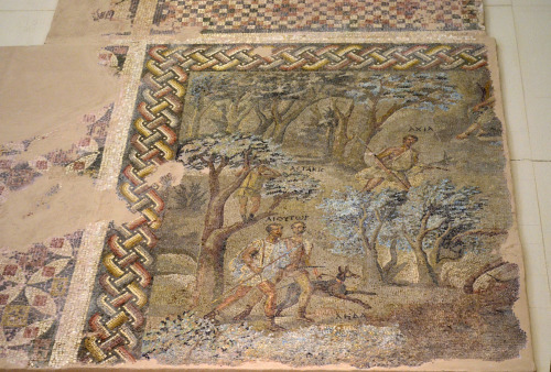 Archaeological Museum of PatraMosaic floor with a hunting scene and geometric decoration.From a room