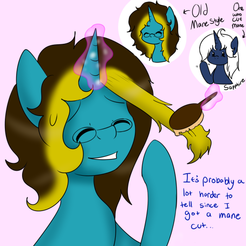 asksweetdisaster:  Sweet: It’s the truth! And my hair is just naturally curly made defined by the mane cut! ^u^ (( Went through a small art block with this one but got it done finally xD Featuring Lola ^^ EDIT: Forgot the magic on the last panel xD