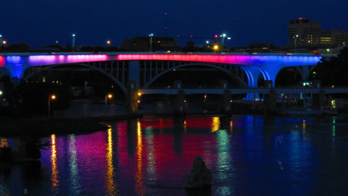 The I-35W Bridge with the red, white and blue lights for the Memorial Day.