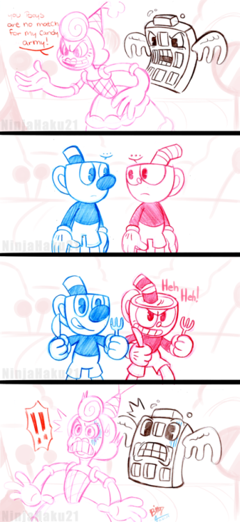 ninjahaku21art: Here is another Cuphead and Mugman comic featuring Baroness Von Bon Bon! Me and my s