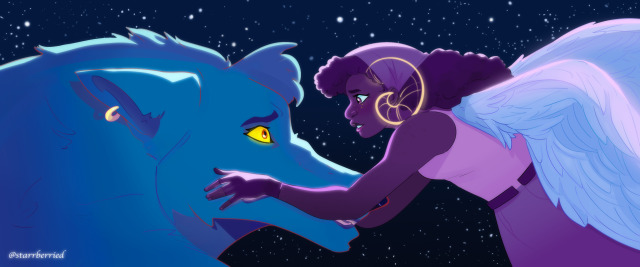 A screenshot "redraw" of the anime Belle. Two characters in a starry sky are looking at each other with anticipation. To the left, a big blue werewolf with yellow and orange eyes and a gold earring seems hesitant. Her lips are curled a little. To the right is an angel with dark brown skin that appears purpleish in the light. She has the golden outline of rams horns for a halo and feathery white wings. Her eyes are brown and they shine. Her hair is long, a dark purple-brown--curled and puffy. It's kept shaped down by a pink bandana wrapped around her head. She is wearing a pink tank top and purple pants. Her hand rests over the werewolf's lower cheek. She is smiling very gently. The night sky is a gradient of dark blue to navy with stars dotting it. 