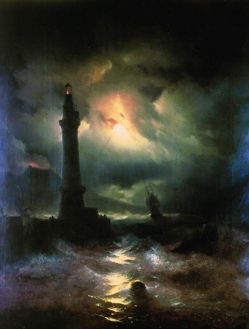 artist-aivazovski: Neapolitan Lighthouse, 1842, Ivan AivazovskiMedium: oil,canvas