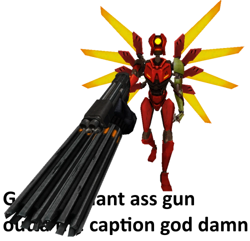 a picture of v2 from its second encounter. a caption at the bottom of the image reads "Get that giant ass gun outta the caption god damn" but is partially obscured by the gun it's holding, as it extends down into the caption.