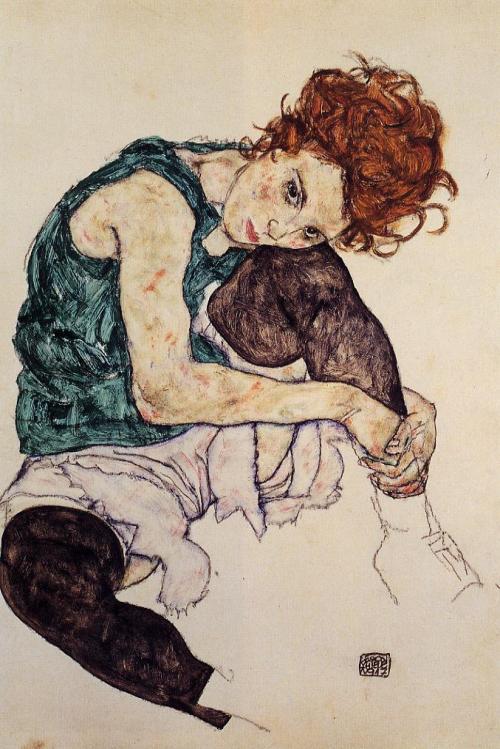 artist-schiele: Seated Woman with Bent Knee, 1917, Egon SchieleMedium: crayon,gouache,watercolor,pap