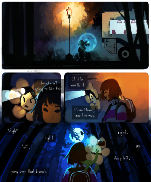 fluffymilktea:  velocesmells:  *You can’t see it, but you think that Flowey might be enjoying the fireworks, too. Takes place several weeks after this! Also guys, don’t repost this (reblogging isn’t that hard) or any of my other stuff without my