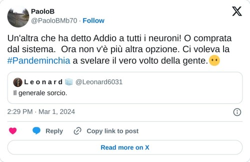 Un'altra che ha detto Addio a tutti i neuroni! O comprata dal sistema. Ora non v'è più altra opzione. Ci voleva la #Pandeminchia a svelare il vero volto della gente.😶 https://t.co/fnwtCcwM5l  — PaoloB (@PaoloBMb70) March 1, 2024