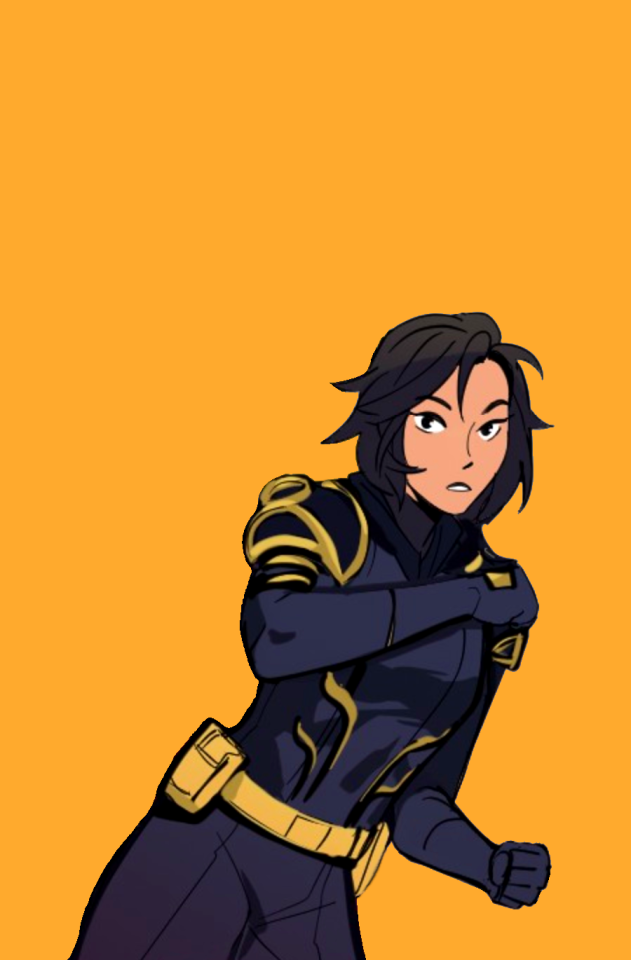 Cassandra Cain as Orphan against a yellow background. She's not wearing her hood. Her fists are up.