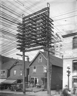 back-then: Power lines and supporting structure in lane west of Main Street at Pender Street.  1914  Source: City of Vancouver Archives http://ift.tt/2jlmz03