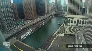 sixpenceee: A time lapse of the Chicago river being painted green for St. Patrick’s day.  @skinnylynnie 