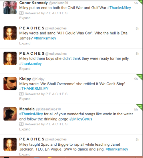 kudipeaches:  chocfroricana:  Some more gems from Black Twitter in response to Miley Cyrus fuckery. - PEACHES  If you don’t know or understand why we’re pissed off about it look it THOROUGHLY up to understand the point of it before you comment and