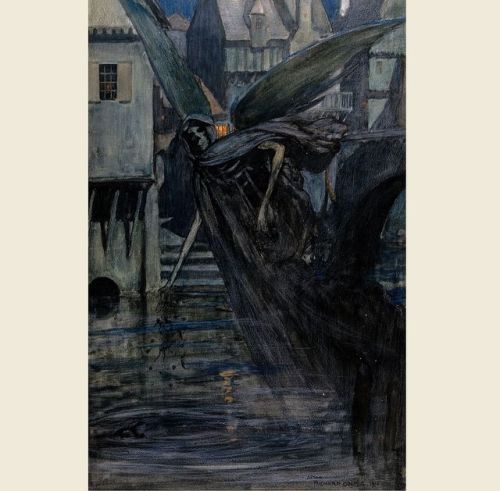 The angel of death drops some deadly substances into a river near a town [typhoid] (1912) by Richard