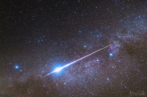 just&ndash;space:  Bright Meteor, Starry Sky : Plowing through Earth’s atmosphere at 60 kilometers per second, this bright perseid meteor streaks along a starry Milky Way. Captured in dark Portugal skies on August 12, it moves right to left through