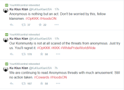 kushandwizdom:  heytheredahleah:  hall70:   newyawkward:  reverseracism:  Anonymous hacking into the KKK twitters.  how sweet irony, lol … dumbasses  i hollered when i read this post LOL!!!!!!!!!!   #HoodsOn #HoodsOff Lmao.  WHERE DID YOU GET THIS!?