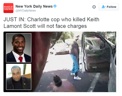 bellaxiao: North Carolina cop who fatally shot Keith Lamont Scott won’t face charges.   Mecklenburg County’s district attorney Andrew Murray said during Wednesday press conference that Charlotte police officer Brentley Vinson acted in self-defense