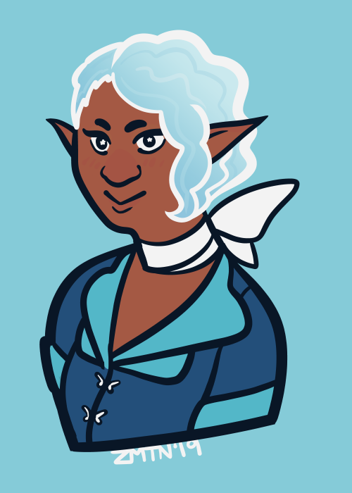 illustrated portrait of a dark skinned woman in a butterfly themed blue dress with short cropped silvery white hair