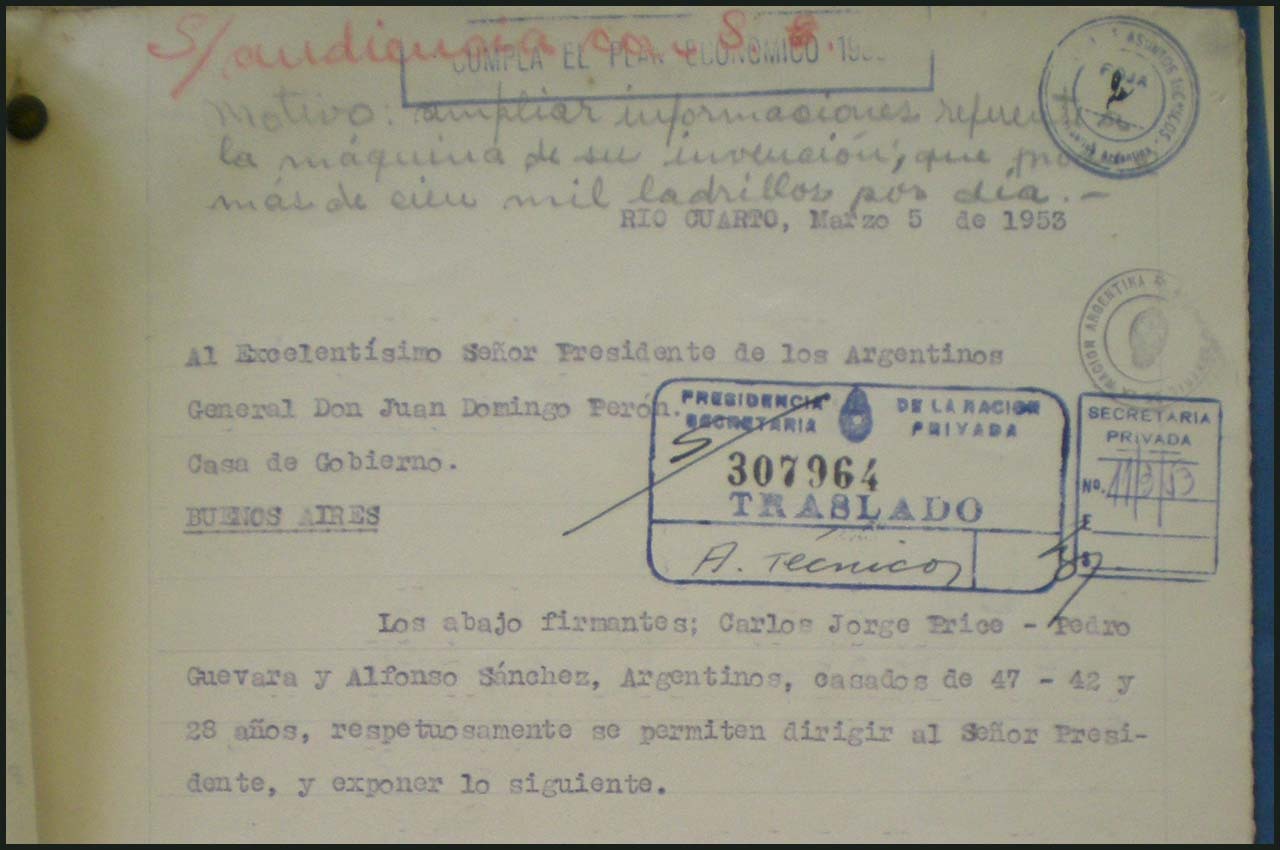 “Máquina de fabricar ladrillos” Se revisaron unas 500 cartas con propuestas que le gente le envió tras un pedido hecho en 1951 desde la Presidencia. Cohetes, ovnis y un tren bala, entre los inventos que le ofrecieron a Perón. ( Archivo General de la...