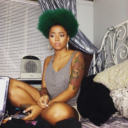 #blackgirlpunkhair #blackgirlmagic #greenhair #greenfro #altblackgirl #tattoos #melanin #afropunk
