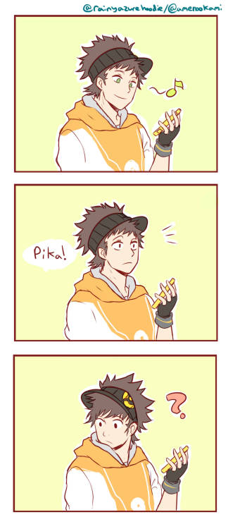 rainyazurehoodie:  It was a random not thought out well idea. Mimikyu and Pikachu want to show Spark their outfits, also Go sometime can’t but laugh at horrible pokemon puns. 