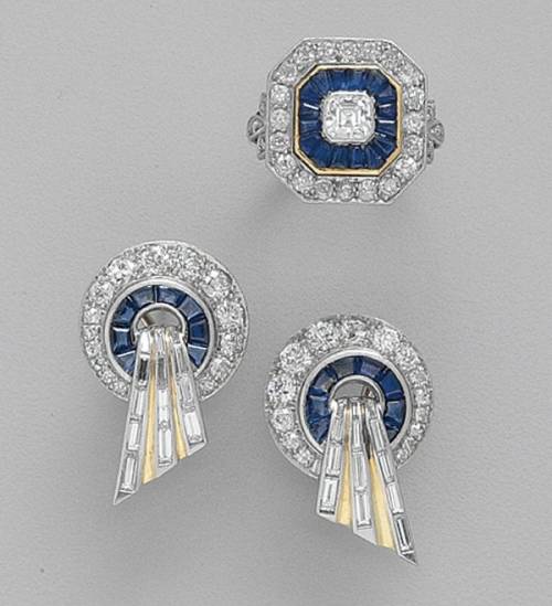 Platinum, gold, diamond, and sapphire earrings, and ring jewelry set (at liveauctioneers)