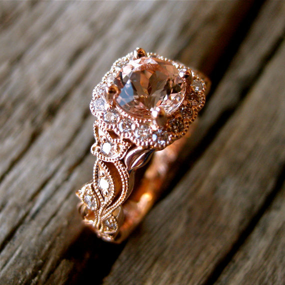 ringscollection:  Salmon Peach Morganite Engagement Ring in 14K Rose Gold with Diamonds