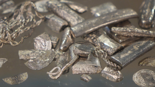 Viking Treasure Hoard from The Yorkshire Museum, York. The coins and other treasures were found cont