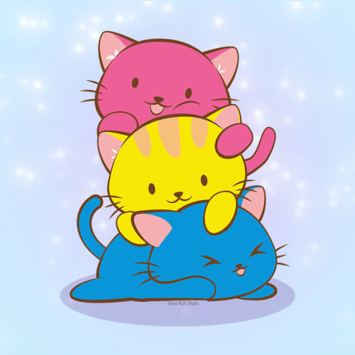 irenekohstudio: Kawaii cat pile in the colors of pansexual pride flag.