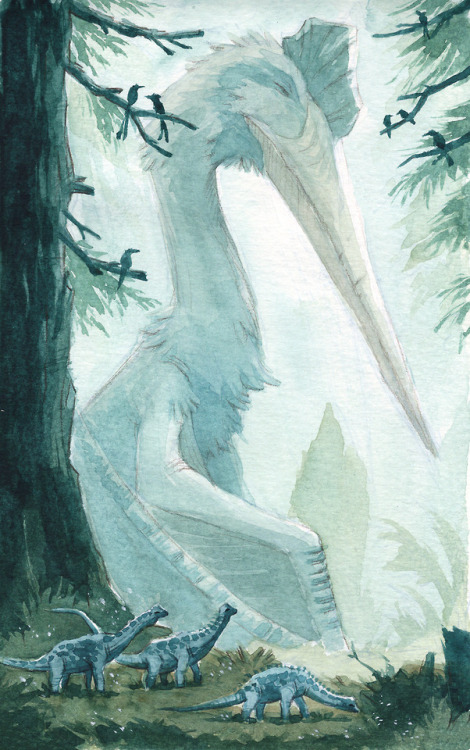 kevanhom:A group of young Alamosaurus wandering by a sleeping Quetzalcoatlus