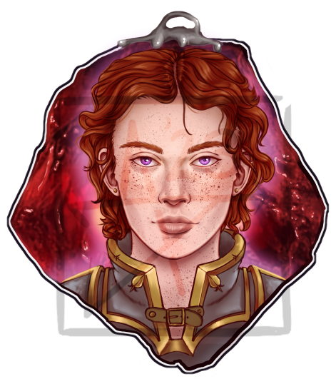 Short-hair, ginger.  Femme styled character with violet eyes in a silver and gold plate armor, set against a ruby background.