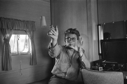 vintageeveryday:James Dean in his trailer on the set of ‘Giant’ in Marfa, Texas, 1955. Photographed 