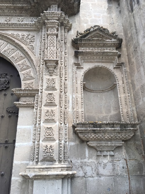 Stone moulding on the facade of Cajamarca Cathedral, Peru, Baroque style, 1686