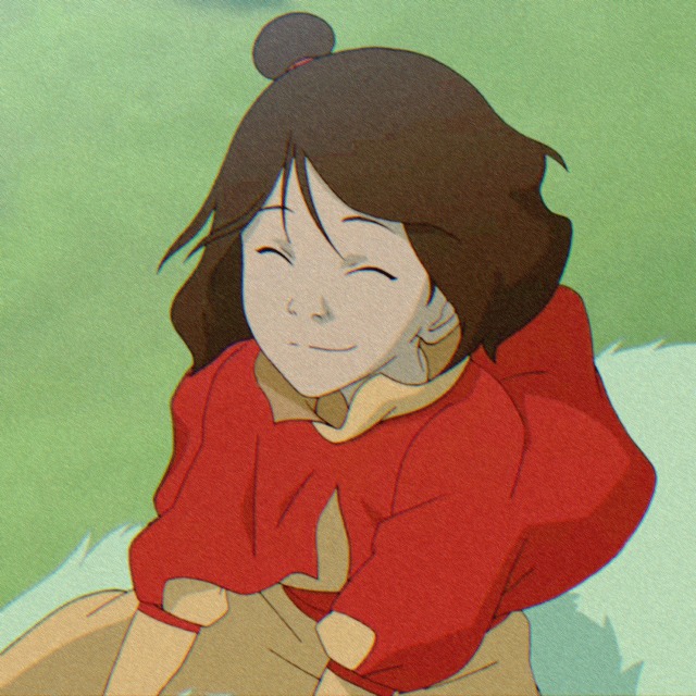 an icon of jinora from the legend of korra in the spirit world. she rides on a big rabbit spirit with a calm, happy expression. her eyes are closed and her hair flows in the breeze.