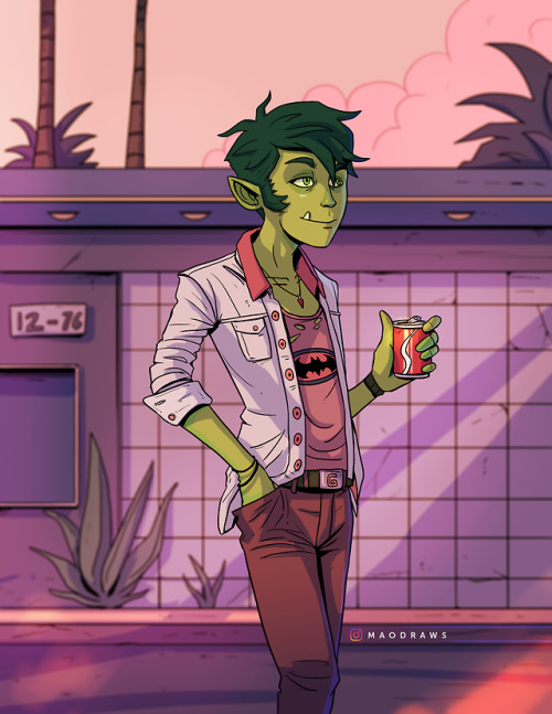 Beast Boy having a soda on a warm summer day.https://www.instagram.com/maodraws/