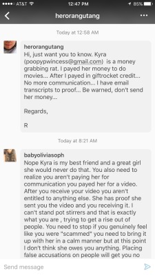 aballycakes:  poopypwincess:  So recently I discovered there’s a previous customer of mine going around sending this message intentionally to try and get people to not buy my content. We made an agreement, he paid and I sent the video. For some other