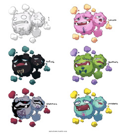 myiudraws:  Weezing Variations #2 - playing off my first set Imagine dreaming and finding that Weezing… would you welcome any of these on your team?