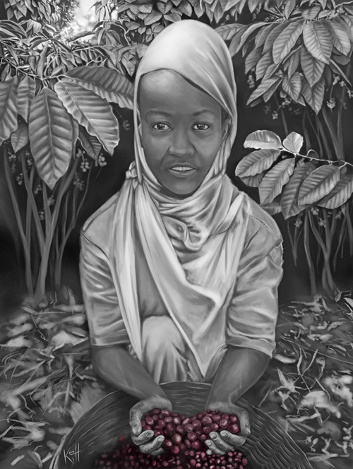 seankitt:  The Coffee Woman. This is an African woman holding coffee berries in her hand. When we drink coffee we normally don’t think of the people who work the land. I hope to give her, and all the coffee workers around the world, a small voice–