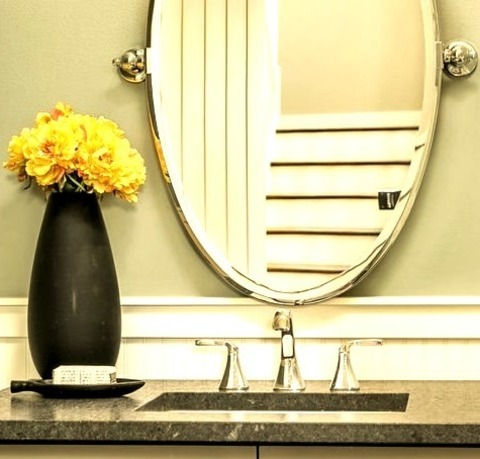 Seattle Powder RoomPowder Room - Craftsman Gray Tile And Ceramic Tile Medium Tone Wood Floor Powder Room