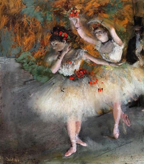artist-degas:Two Dancers Entering the Stage, Edgar DegasMedium: pastelwww.wikiart.org/en/edg