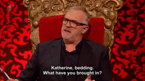 [ID: Six screencaps from Taskmaster. Greg Davies asks Katherine Parkinson, “Katherine, bedding. What