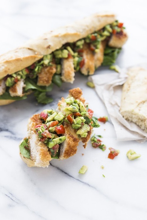 in-my-mouth:  Chicken Schnitzel Sandwich with Tomato Avocado Salsa 