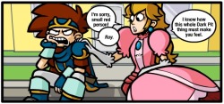 bluecho272:  No, Peach. You’ve been every Smash Bros. ever. You really, really don’t. Source: http://www.awkwardzombie.com/index.php?page=0&amp;comic=111014