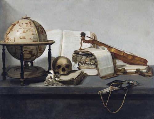 Vanitas Still life with Books, a Globe, a Skull, a Violin and a Fan 17th century Jan Davidsz. de Hee