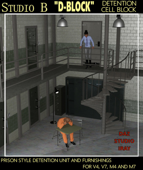 Whether  it’s lock down, lock up or doin’ time, Legacy Davo’s Studio B “D-Block”  detention cell block package will keep your prisoners right where they  belong and now more exciting in Daz Studio. You get poses for V4, M4,