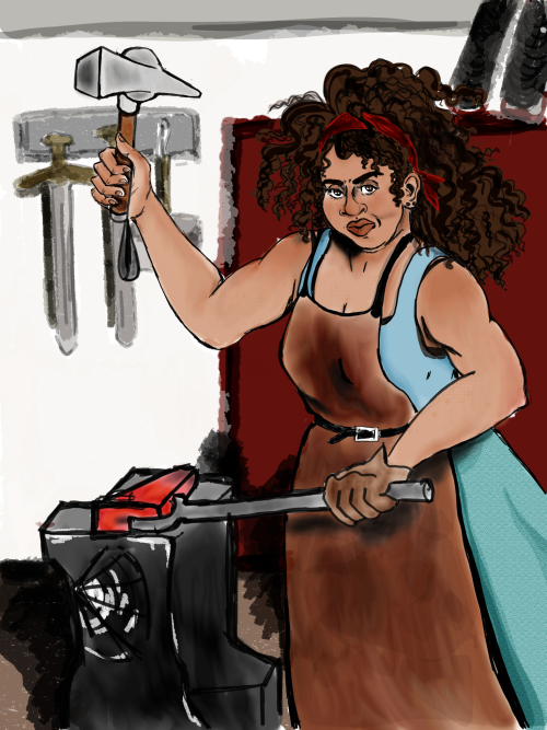 taz-ids:yewwowsubmawine:tongs[ID] A full color drawing of Julia, working some hot metal with a hamme