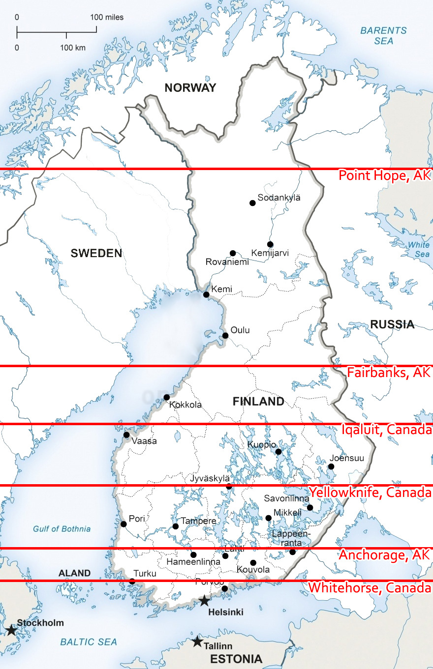 useless-finlandfacts: How north is Finland compared to North America: a very professional