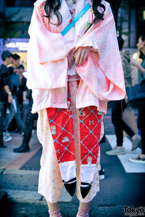 Japanese idol Shioringo on the street in Harajuku wearing a kimono jacket from Hayatochiri with Jenn