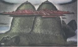 kritseldis:  Another beautiful Estonian art postcard. “Twinpeaked mount of the universe” by Kaljo Põllu. Mezzotint, 1991 